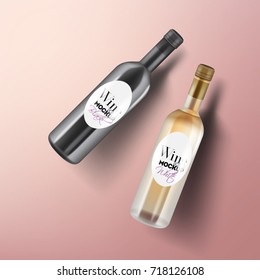 Ready To Use Mockup. Black And White Color Wine Bottles Mockup Set. Wine Bottles Laying Down On Pale Pink Background With Shadow. Vector Illustration