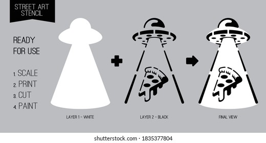 Ready for use street art stencil. Alien pizza abduction. Scale. Print. Cut. Paint.