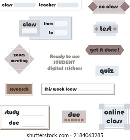 Ready to use student digital stickers. Digital note papers and stickers for bullet journaling or planning. Back to school planner stickers. Vector art.