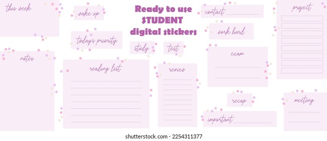 Listo para usar stickers digitales de estudiantes. Pastel pegatinas abstractas para el diario o la planificación de balas para los estudiantes. Arte vectorial.