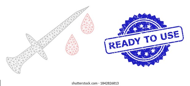 Ready to Use textured watermark and vector blood sword mesh structure. Blue seal has Ready to Use caption inside rosette. Abstract flat mesh blood sword, built from flat mesh.
