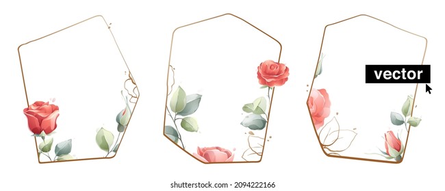 Ready to use vector cards. Herbal watercolor style invitation design with pink roses flowers, buds, leaves, and branches. Perfect for wedding invitation background, greeting card, and luxury poster.