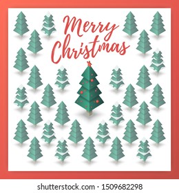 Ready to use vector Christmas Card with decorated Christmas Tree in a winter forest.