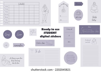 Listo para usar stickers digitales de estudiantes violetas. Papeles de notas digitales y stickers para el periodismo o la planificación de balas. De vuelta a los stickers de los planificadores escolares. Arte vectorial.