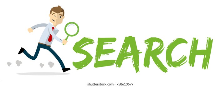 Ready to use website illustration or print illustration of a businessman run holding magnifying glass