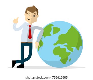 Ready to use website illustration or print illustration of a businessman with earth icon and doing thumb up