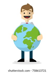 Ready to use website illustration or print illustration of a businessman smiling, holding earth icon