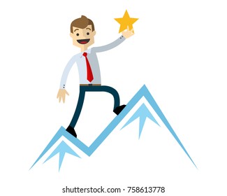 Ready to use website illustration or print illustration of a businessman with mountain an star as he achieve a success