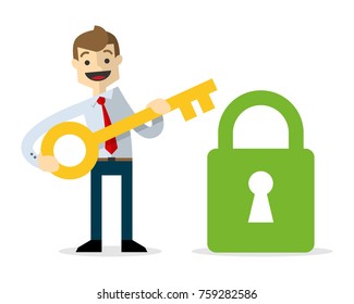 Ready to use website illustration or print illustration of Businessman holding a key in front of a padlock