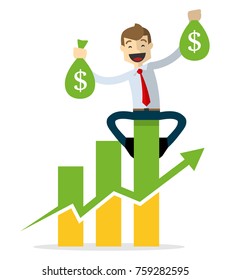 Ready to use website illustration or print illustration of Businessman happy, sitting on a bar chart, holding two bags of money