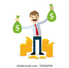 Ready to use website illustration or print illustration of Businessman with a lot of gold coins and money