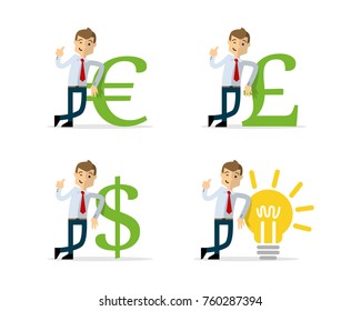 Ready to use website illustration or print illustration of businessman lean on money icon and bulb