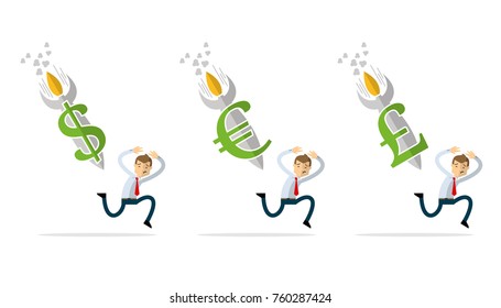  Ready to use website illustration or print illustration of businessman with currency rocket down