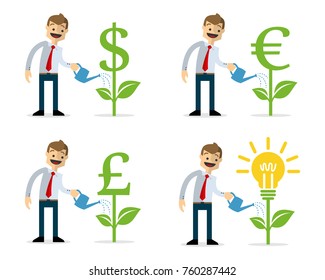 Ready to use website illustration or print illustration of businessman growing money and idea plant