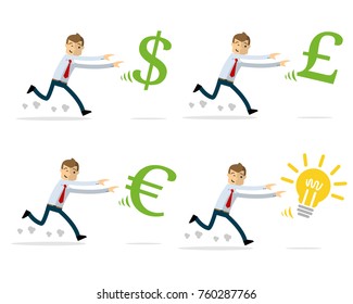 Ready to use website illustration or print illustration of businessman chasing money and ideas