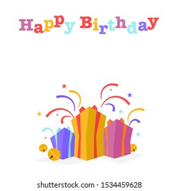 A ready to used birthday card. Gifts, bells for celebrating. Cartoon drawing vector illustration on white background.