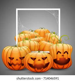 ready vector greeting card with cheerful Halloween pumpkins. on an orange background