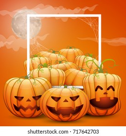 ready vector greeting card with cheerful Halloween pumpkins. on an orange background