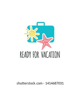 Ready for vocation. Template for banner with suitcase, sea star, sun

