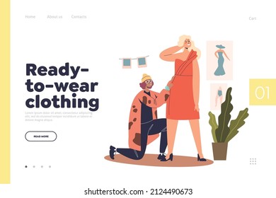 Ready to wear clothing concept of landing page with woman fashion designer fitting dress on client. Hipster dressmaker and customer trying new garment in atelier. Cartoon flat vector illustration