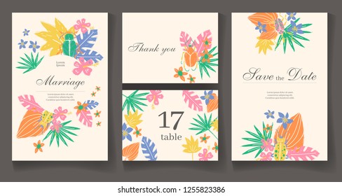 Ready wedding card design template. Beautiful tropic plants and bugs. Vector illustration.