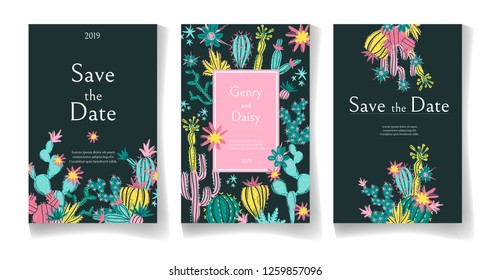 Ready wedding card design template. Beautiful desert blooming succulents. Vector illustration.