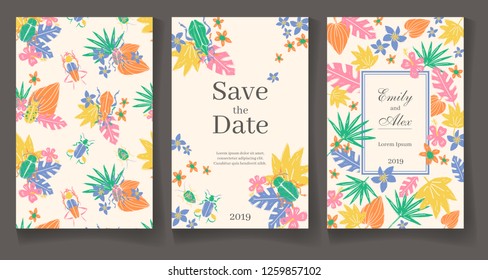 Ready wedding card design template. Beautiful tropic plants and bugs. Vector illustration.