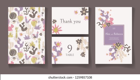 Ready wedding card design template. Beautiful desert blooming succulents. Vector illustration.