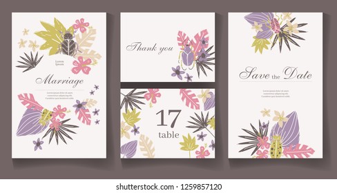 Ready wedding card design template. Beautiful tropic plants and bugs. Vector illustration.