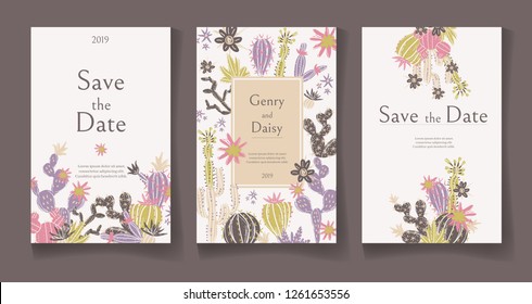 Ready wedding card design template. Beautiful desert blooming succulents. Vector illustration.