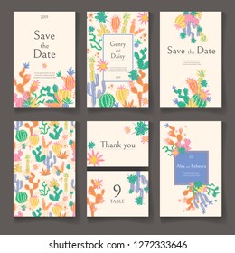 Ready wedding card design template. Beautiful desert blooming succulents. Vector illustration.