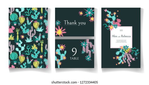 Ready wedding card design template. Beautiful desert blooming succulents. Vector illustration.