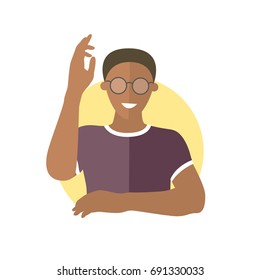 Ready, willing to answer or help black boy in glasses. Flat design icon of handsome african man with hand up. Simply editable isolated on white vector sign