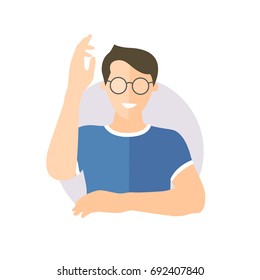 Ready, willing to answer or help boy in glasses. Flat design icon of handsome man with hand up. Simply editable isolated on white vector sign