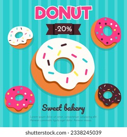 Ready-made bakery poster template with colorful cartoon style donuts in bright pink, blue and brown shades for discount advertising. 