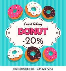 Ready-made bakery poster template with colorful cartoon style donuts in bright pink, blue and brown shades for discount advertising.