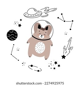 Ready-made banner with a cute astronaut and a set of space elements, planets, stars, constellations, flying saucers	