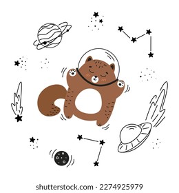 Pancarta hecha a mano con un astronauta lindo y un conjunto de elementos espaciales, planetas, estrellas, constelaciones, platillos voladores	