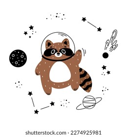 Ready-made banner with a cute astronaut and a set of space elements, planets, stars, constellations, flying saucers	