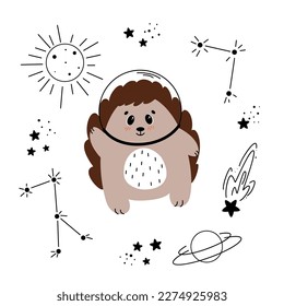 Pancarta hecha a mano con un astronauta lindo y un conjunto de elementos espaciales, planetas, estrellas, constelaciones, platillos voladores	