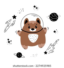 Ready-made banner with a cute astronaut and a set of space elements, planets, stars, constellations, flying saucers	