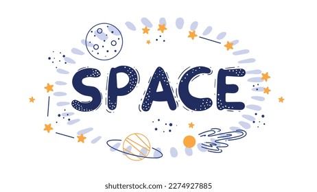 Ready-made banner with the inscription space and a set of space elements, planets, stars, constellations, a flying saucer. Сhildren's illustrations on a space theme, spaceships	