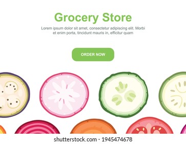 Ready-made banner with slices of vegetables for the website of a grocery store or delivery. Vector cartoon illustration for design.