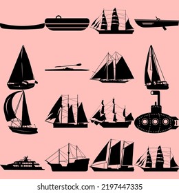 Ready-made boat and yacht patterns available in Photoshop. Ready-made silhouettes of patterns. Pink background.