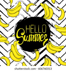 A ready-made card design with beautiful bananas and geometric elements. Vector illustration. Tropical fruits. Summer.