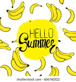 A ready-made card design with beautiful bananas and geometric elements. Vector illustration. Tropical fruits. Summer.
