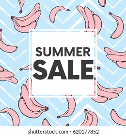 A ready-made card design with beautiful bananas and geometric elements. Vector illustration. Tropical fruits. Summer.