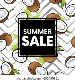 A ready-made card design with beautiful coconuts and geometric elements. Vector illustration. Tropical fruits. Summer.
