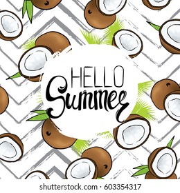 A ready-made card design with beautiful coconuts and geometric elements. Vector illustration. Tropical fruits. Summer.