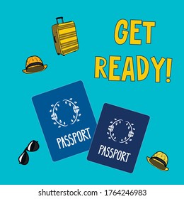 Readymade card for your post on social media. Starting traveling season in tourism. Couple getting ready for a trip, going on a journey. Isolated vector illustration. Can be edited or used separately.